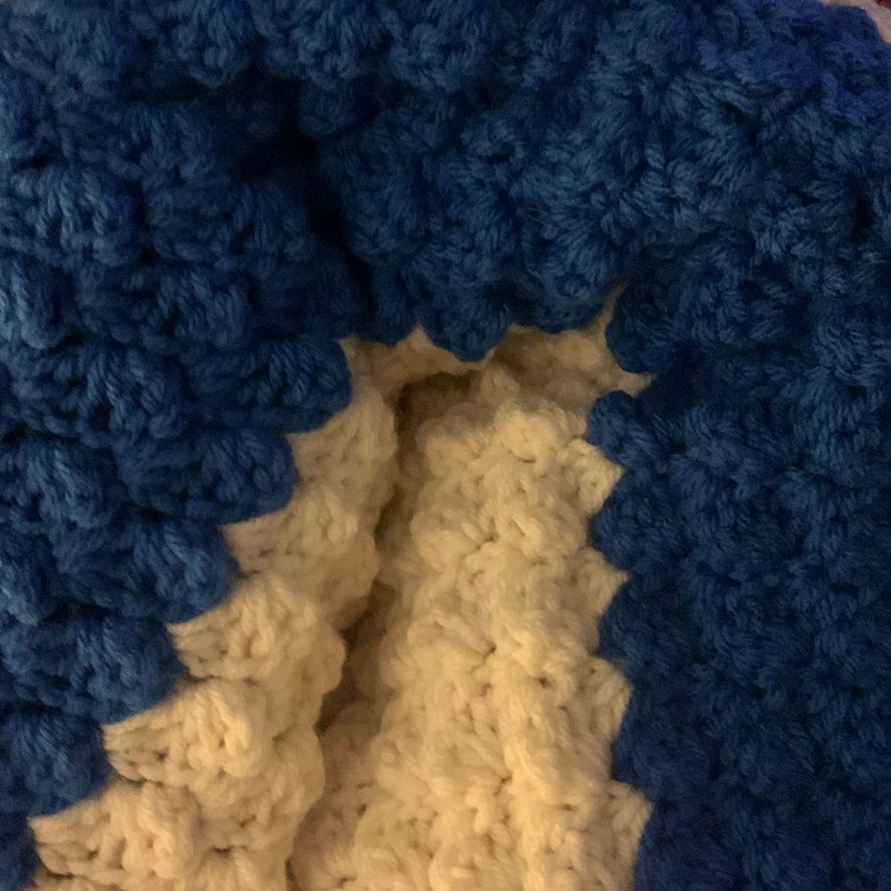 XL homemade crochet blanket blue and off-white